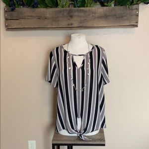 Grey black and white striped blouse